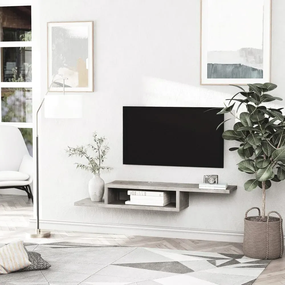 Illustration numéro 3 du produit Meuble TV mural flottant design panneaux particules effet béton ciré