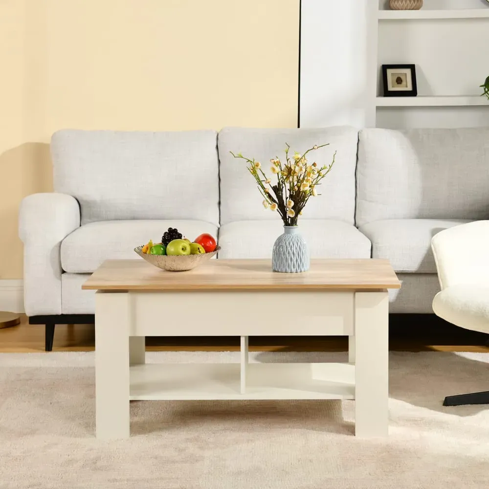 Illustration numéro 3 du produit Table basse avec plateau relevable effet bois et blanc