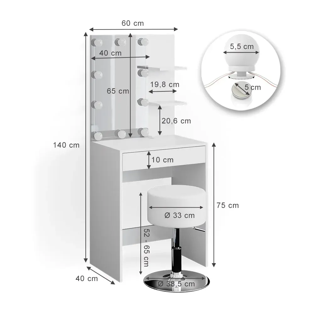 Illustration numéro 3 du produit Coiffeuse avec éclairage LED et tabouret, Blanc 60 x 140cm