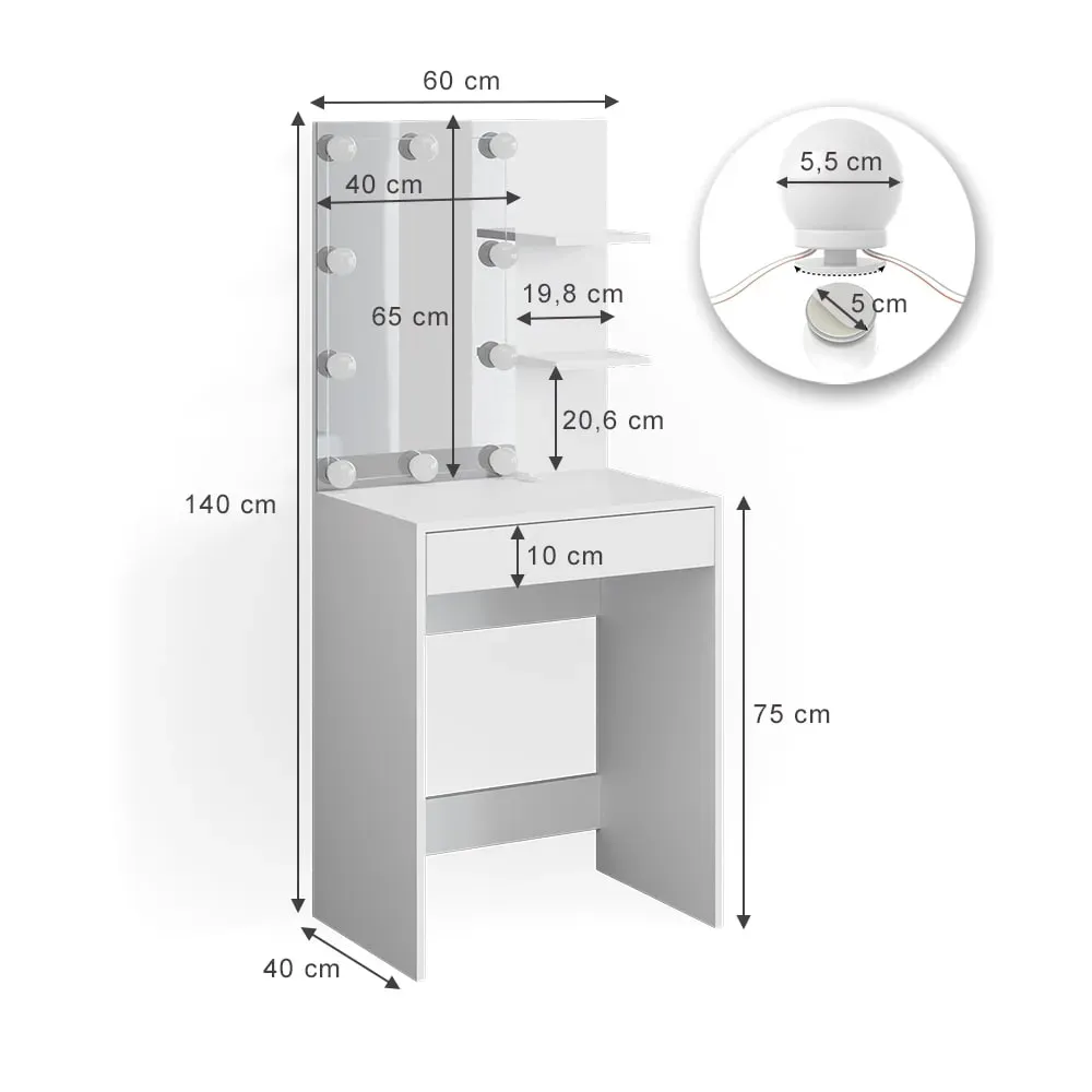 Illustration numéro 3 du produit Coiffeuse avec éclairage LED, Blanc 60 x 140cm