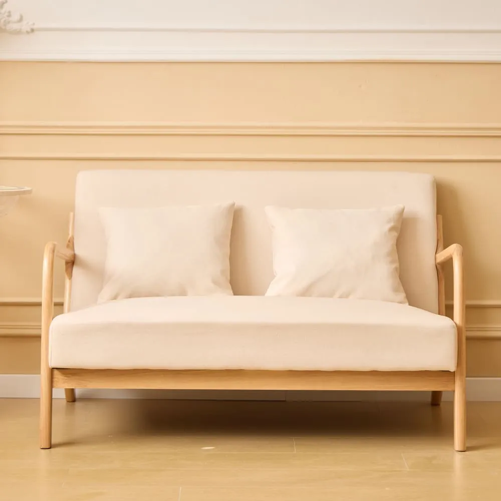 Illustration numéro 3 du produit Banquette scandinave 2 places en bois et tissu beige