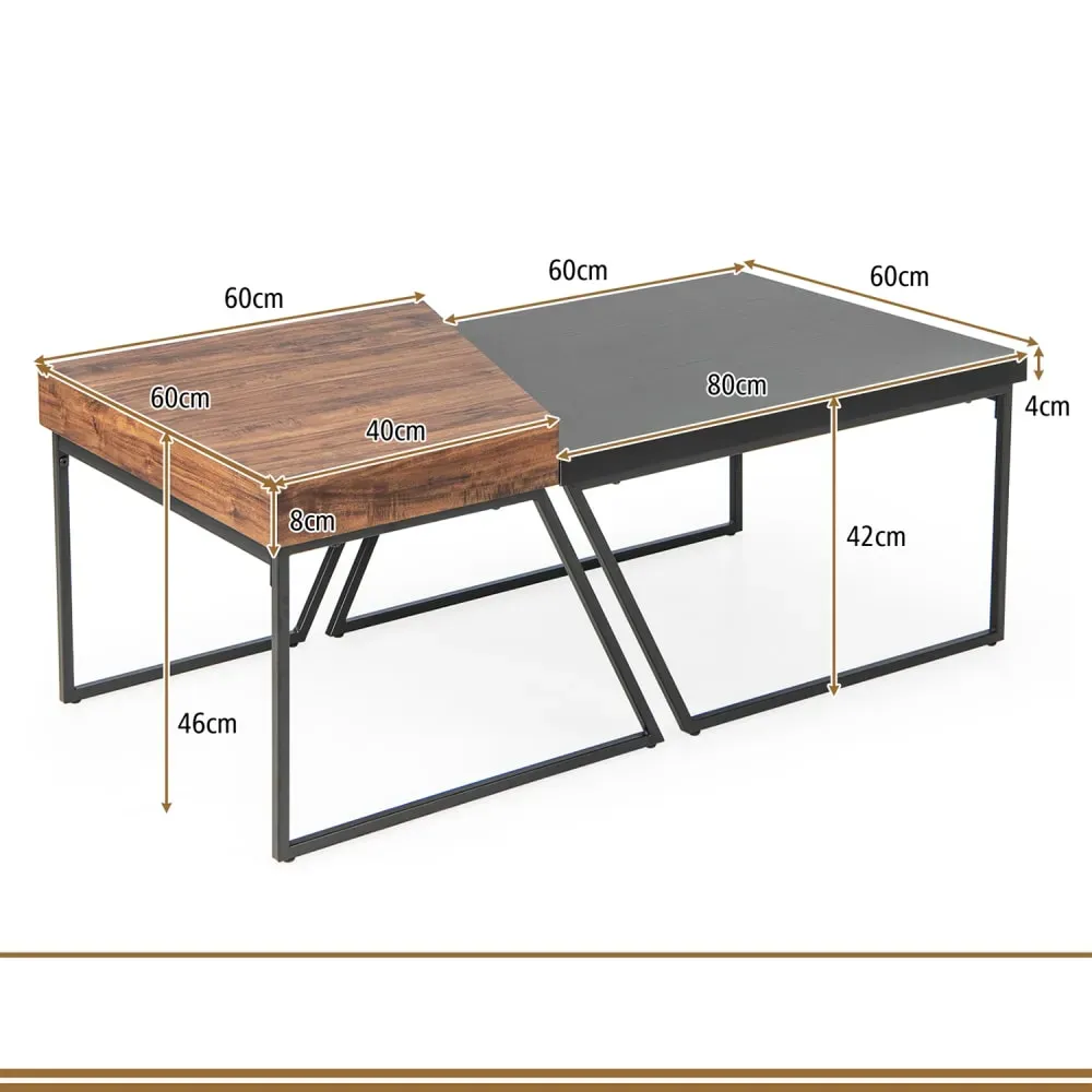 Illustration numéro 3 du produit Tables basses de style industriel vintage gigogne noir 120x60x46cm