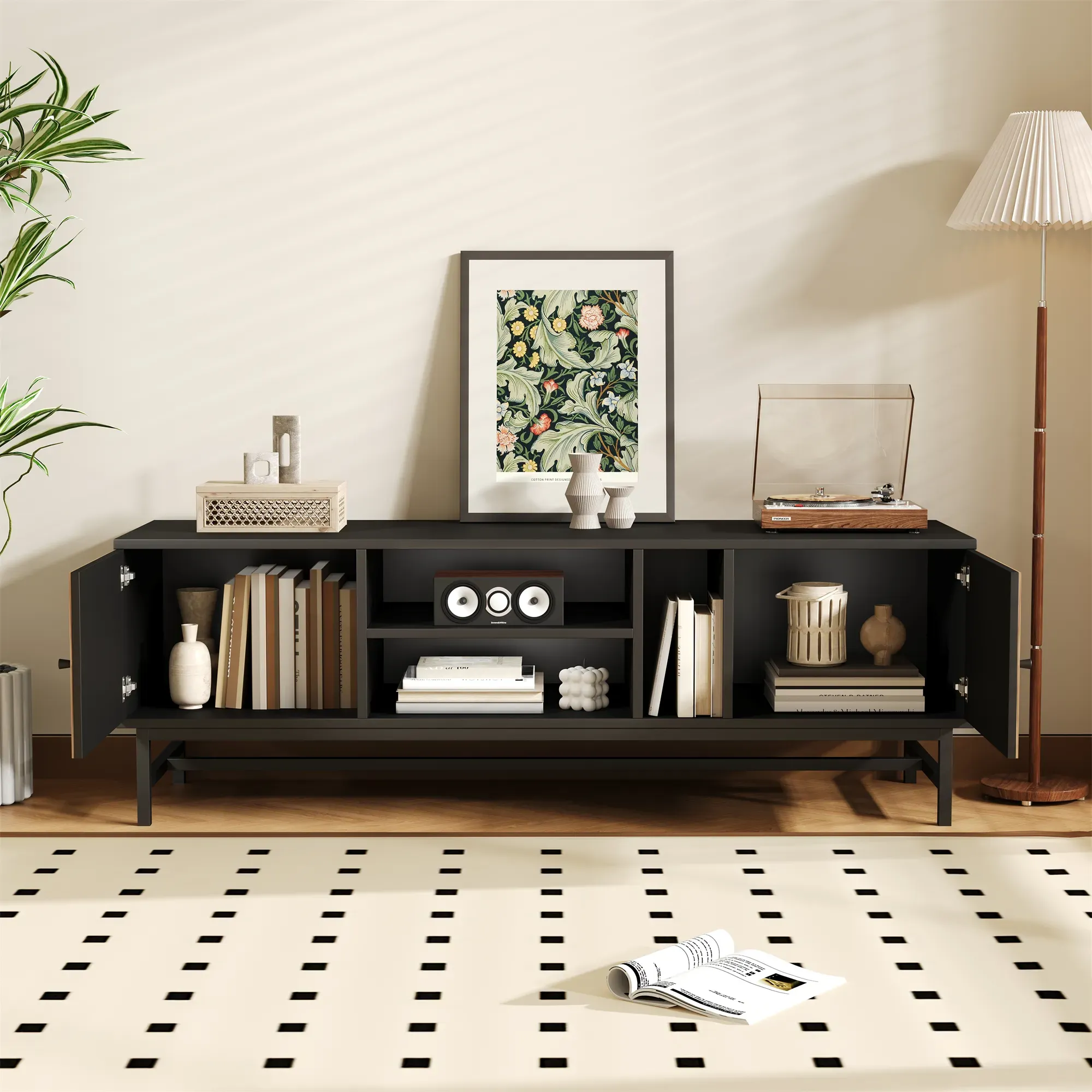 Illustration numéro 3 du produit Meuble TV moderne et minimaliste effet bois noir avec 2 portes