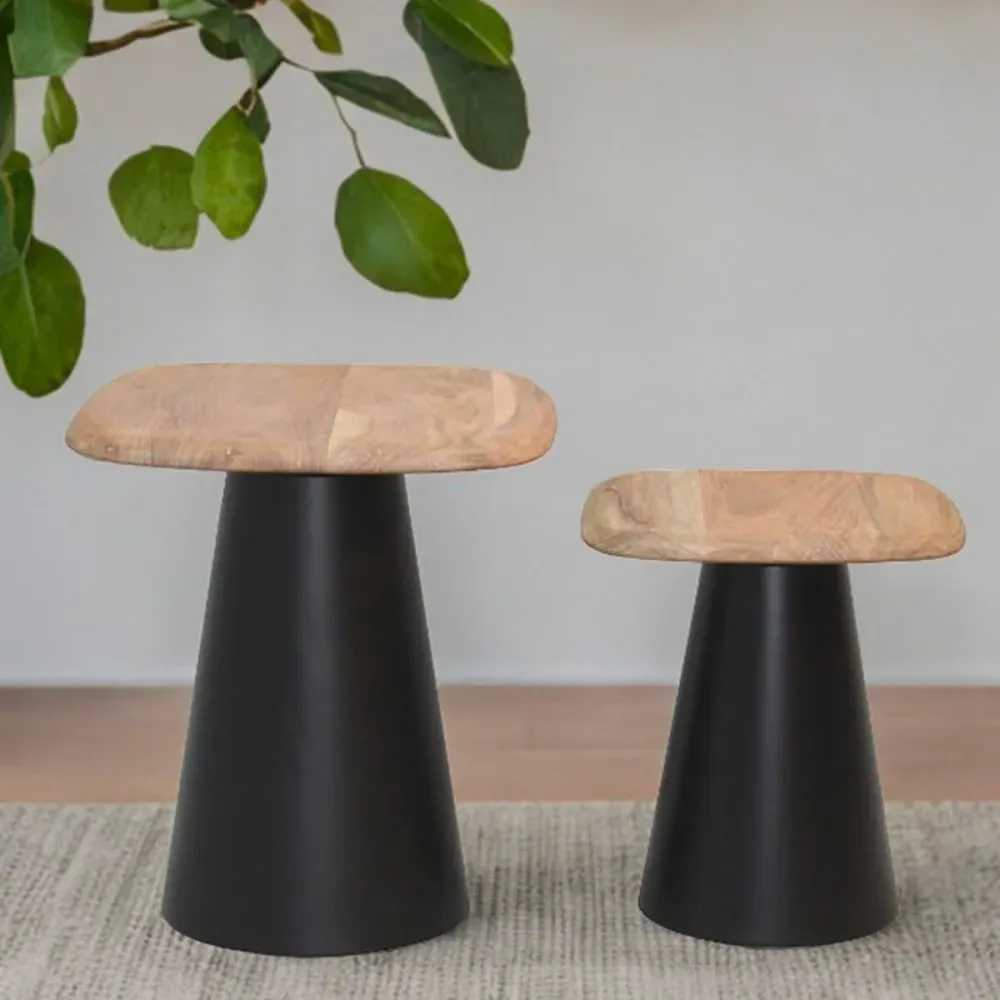 Illustration numéro 3 du produit Lot  de 2 tables plateau en acacia pied en acier laqué noir