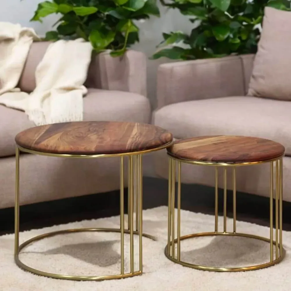 Illustration numéro 3 du produit Lot  de 2 tables gigogne plateau en acacia massif piètement acier doré