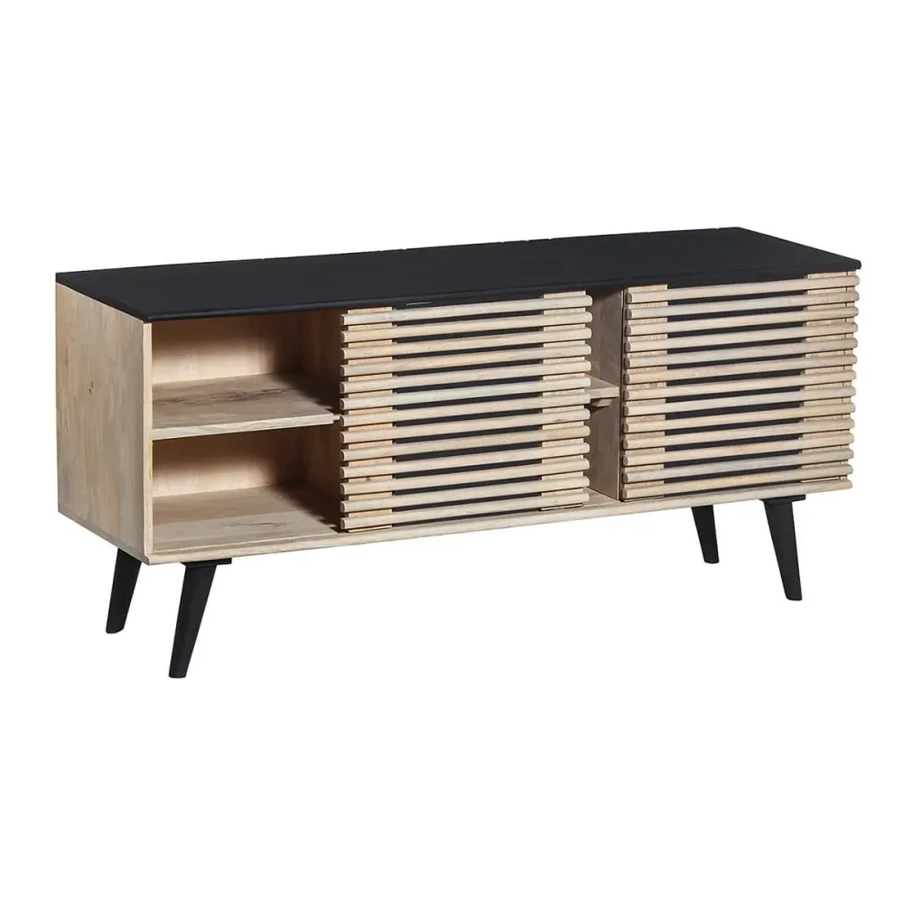 Illustration numéro 3 du produit Meuble  tv en manguier massif et noir façades ajourées coulissantes