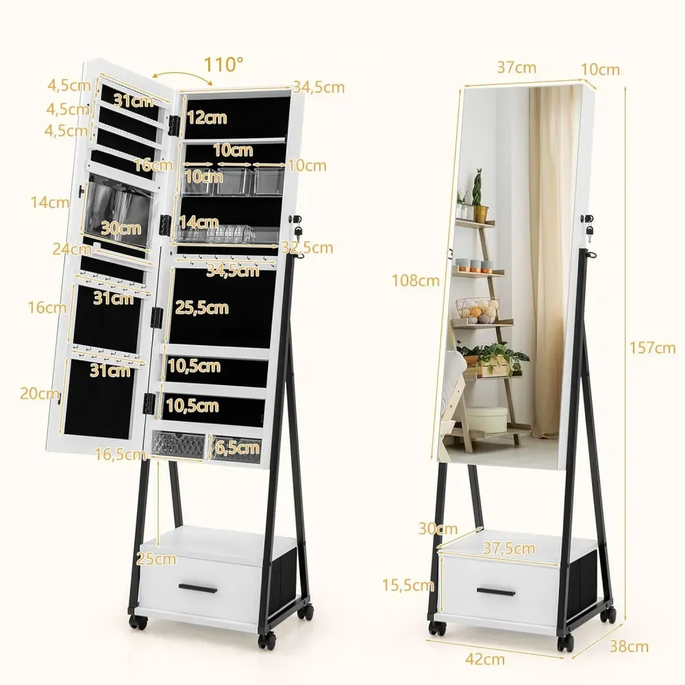 Illustration numéro 3 du produit Armoire à bijoux 2 en 1 blanche avec miroir 42 x 38 x 157 cm