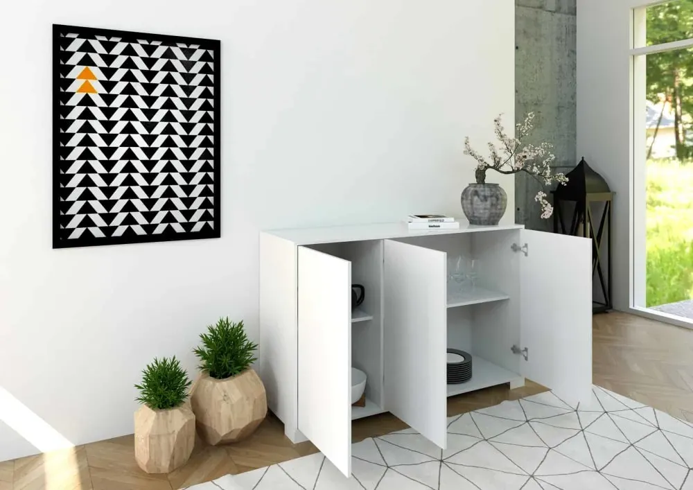 Illustration numéro 3 du produit Buffet bas 3 portes 130x40x83 cm effet bois blanc brillant