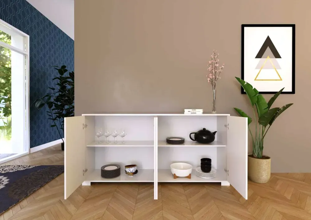 Illustration numéro 3 du produit Buffet bas 4 portes 172x40x83 cm effet bois blanc brillant
