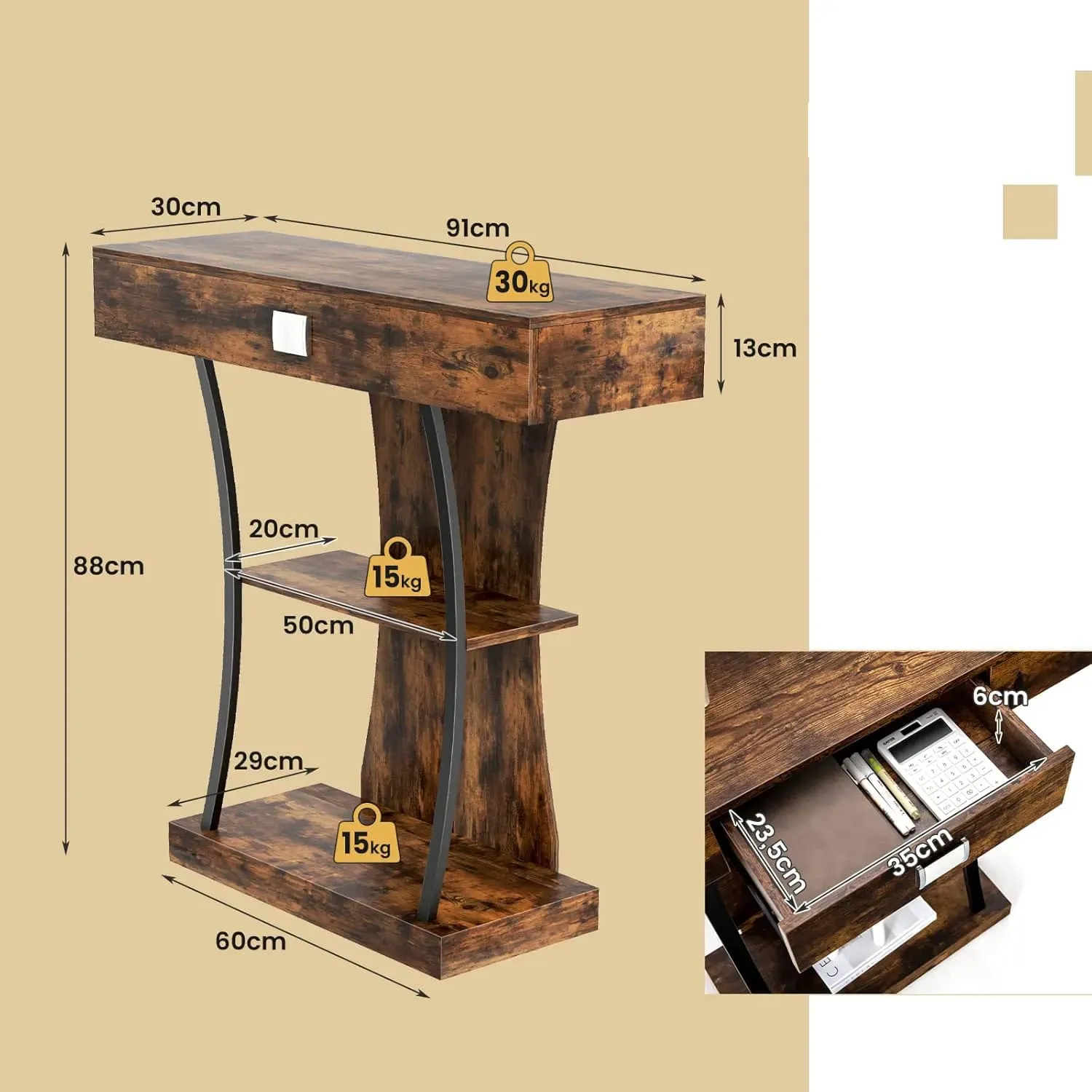 Illustration numéro 3 du produit Table console industrielle à 3 niveaux marron 91X30X88 cm