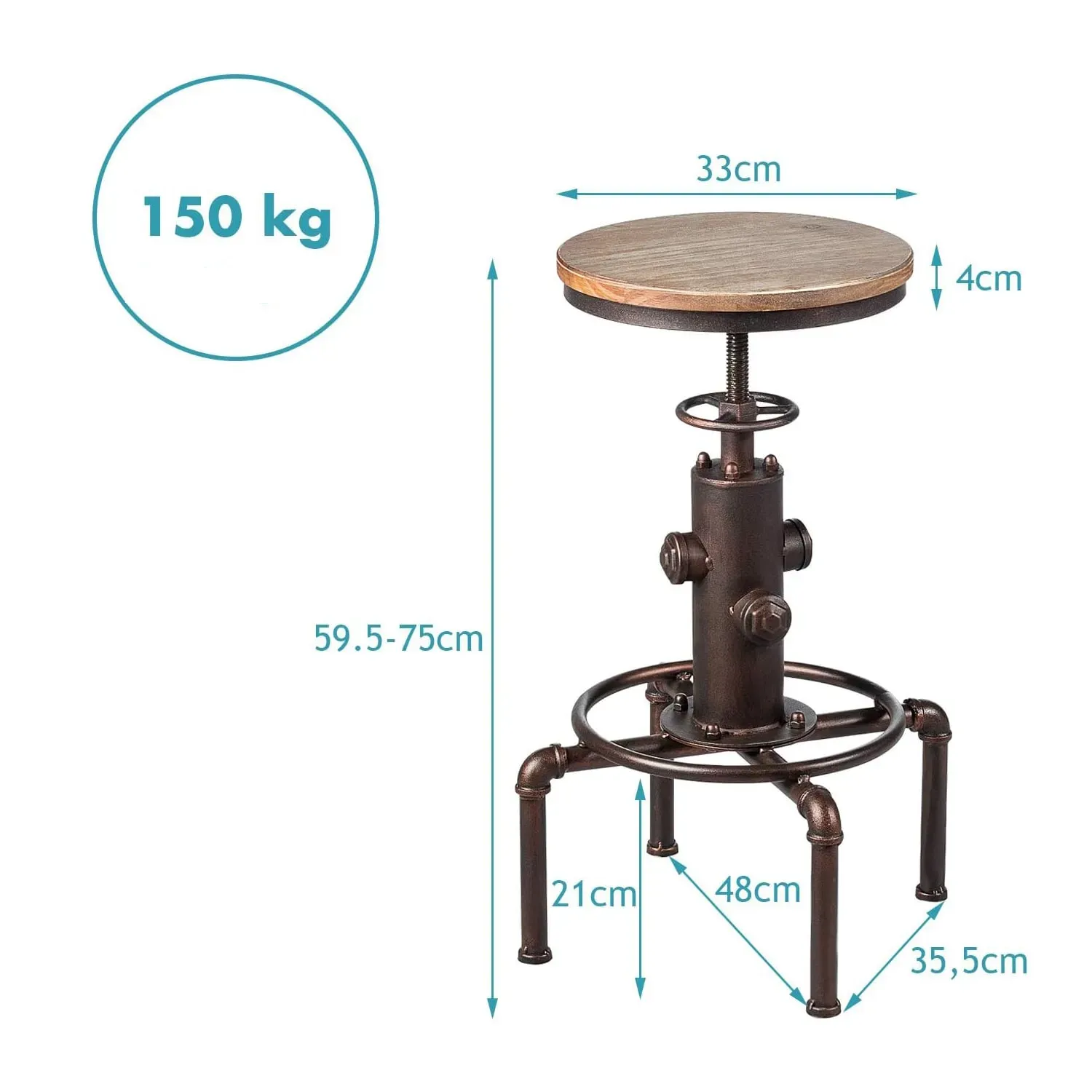 Illustration numéro 3 du produit Tabouret de bar industriel réglable en hauteur 60-75cm