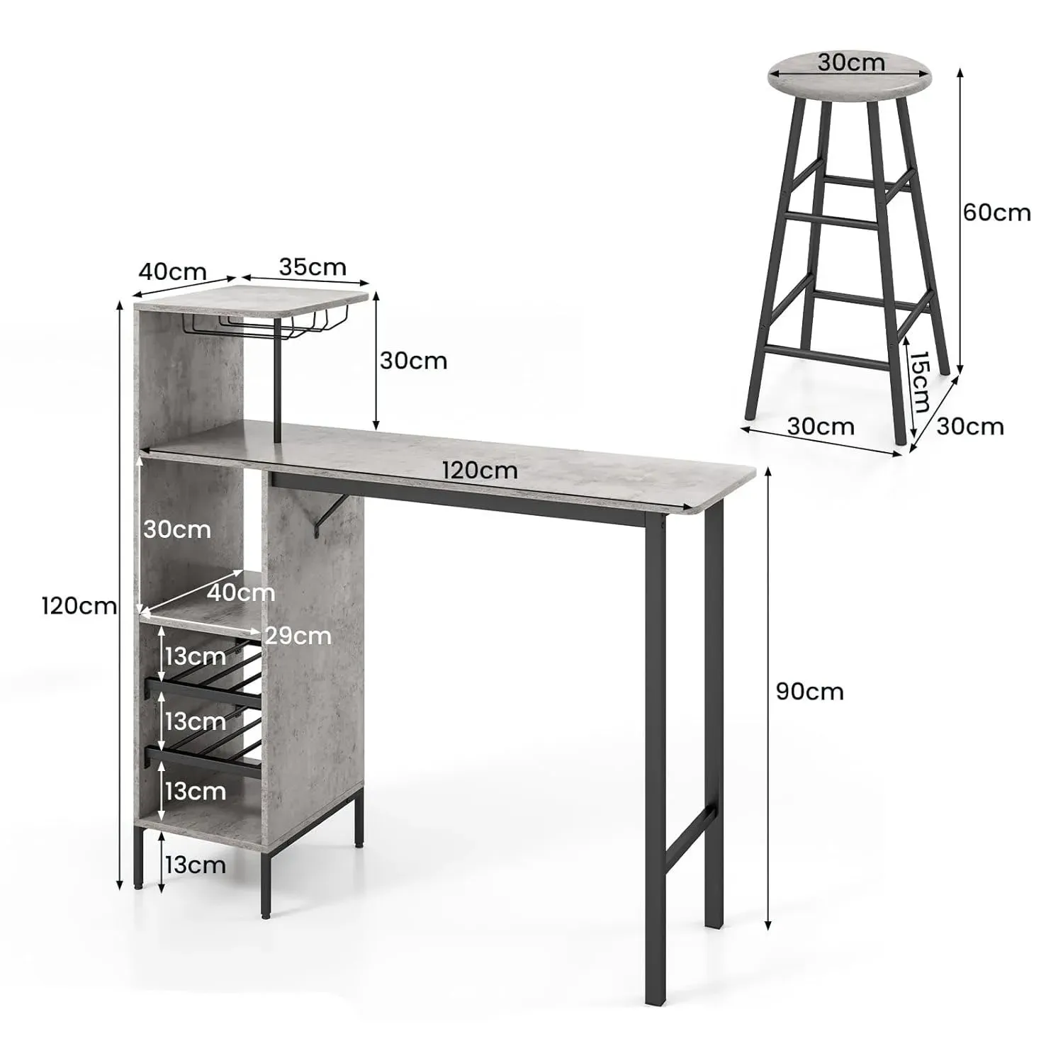 Illustration numéro 3 du produit Table de salle à manger 2 chaises grises 120 x 40 x 35 cm