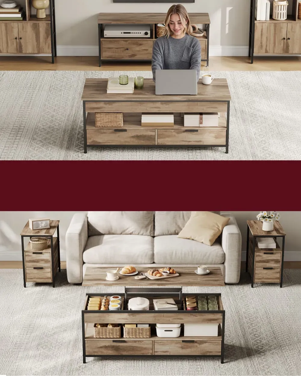 Illustration numéro 3 du produit Table basse avec plateau relevable 120 x 50cm marron camel et noir