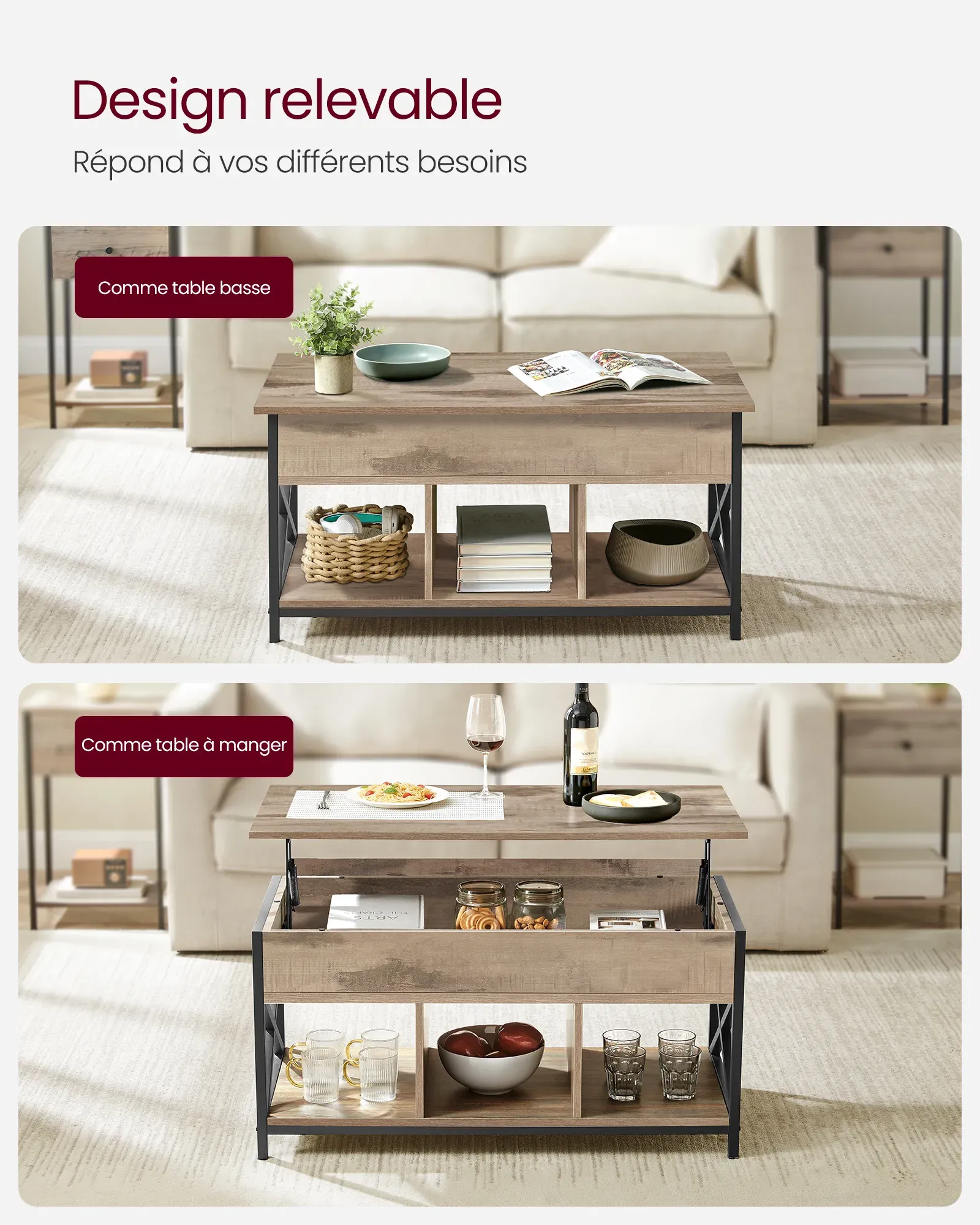 Illustration numéro 3 du produit Table basse relevable cadre en acier marron camel et noir