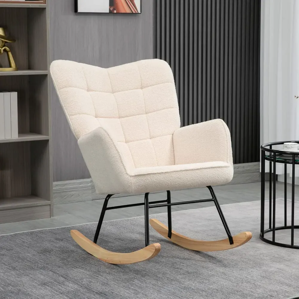 Illustration numéro 3 du produit Fauteuil à bascule revêtement bouclette acier et bois massif beige
