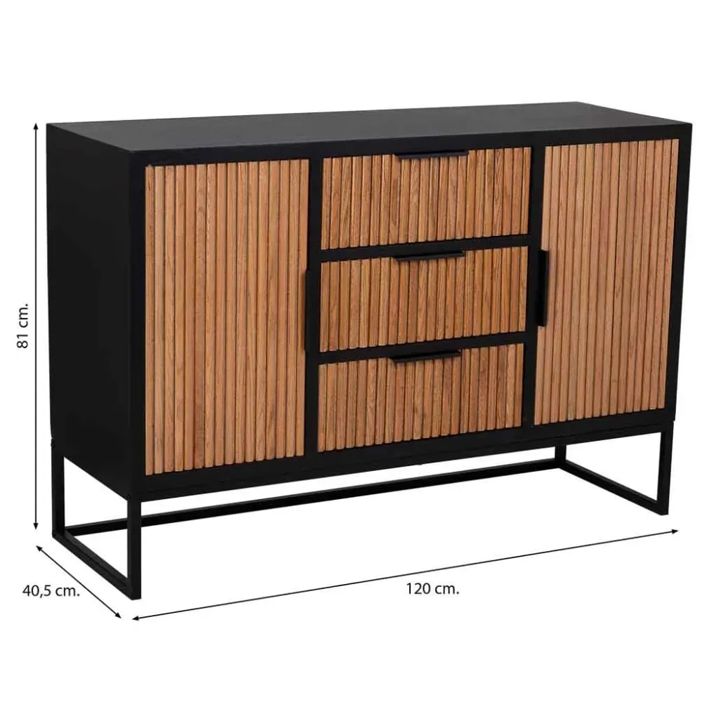 Illustration numéro 3 du produit Buffet avec 3 tiroirs et 2 portes en bois et métal 120x40,5x81h cm