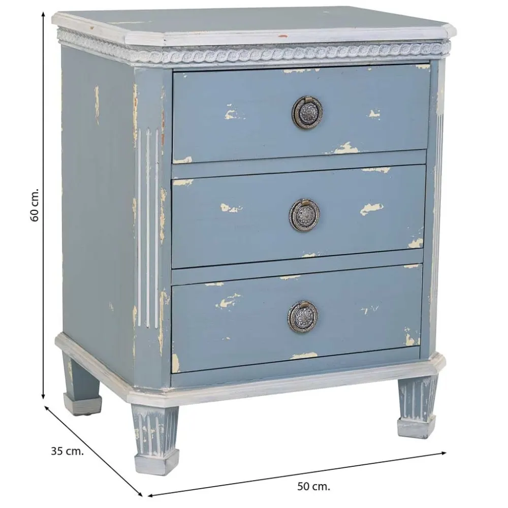 Illustration numéro 3 du produit Table de chevet en bois bleu avec 3 tiroirs 50x35x60h cm