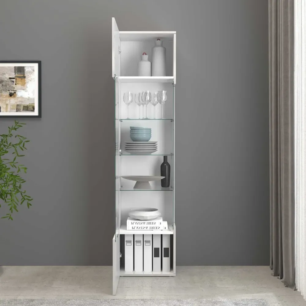 Illustration numéro 3 du produit Vitrine 1 porte 5 étagères 45 cm effet bois blanc brillant