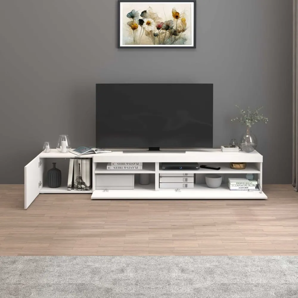 Illustration numéro 3 du produit Meuble tv 2 portes 2 compartiments 200 cm effet bois blanc brillant