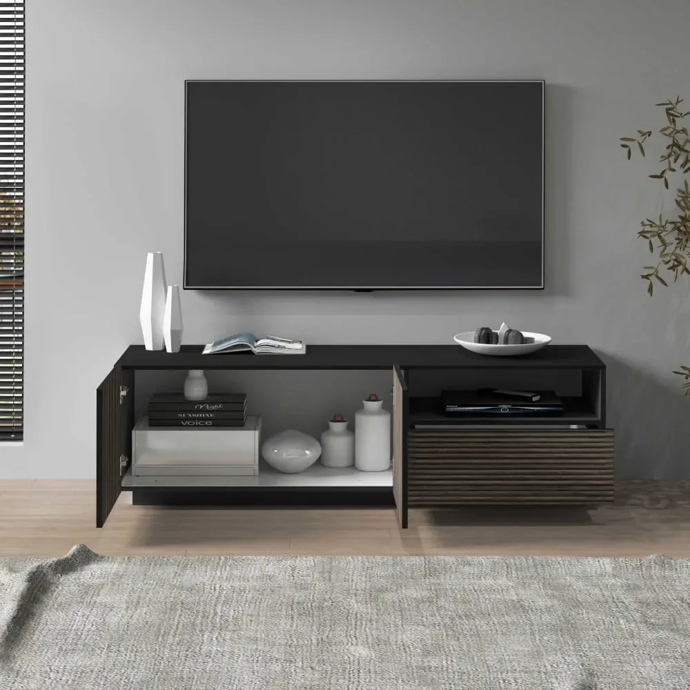 Illustration numéro 3 du produit Meuble tv 2 portes 150 cm effet bois cannelé anthracite et bois foncé