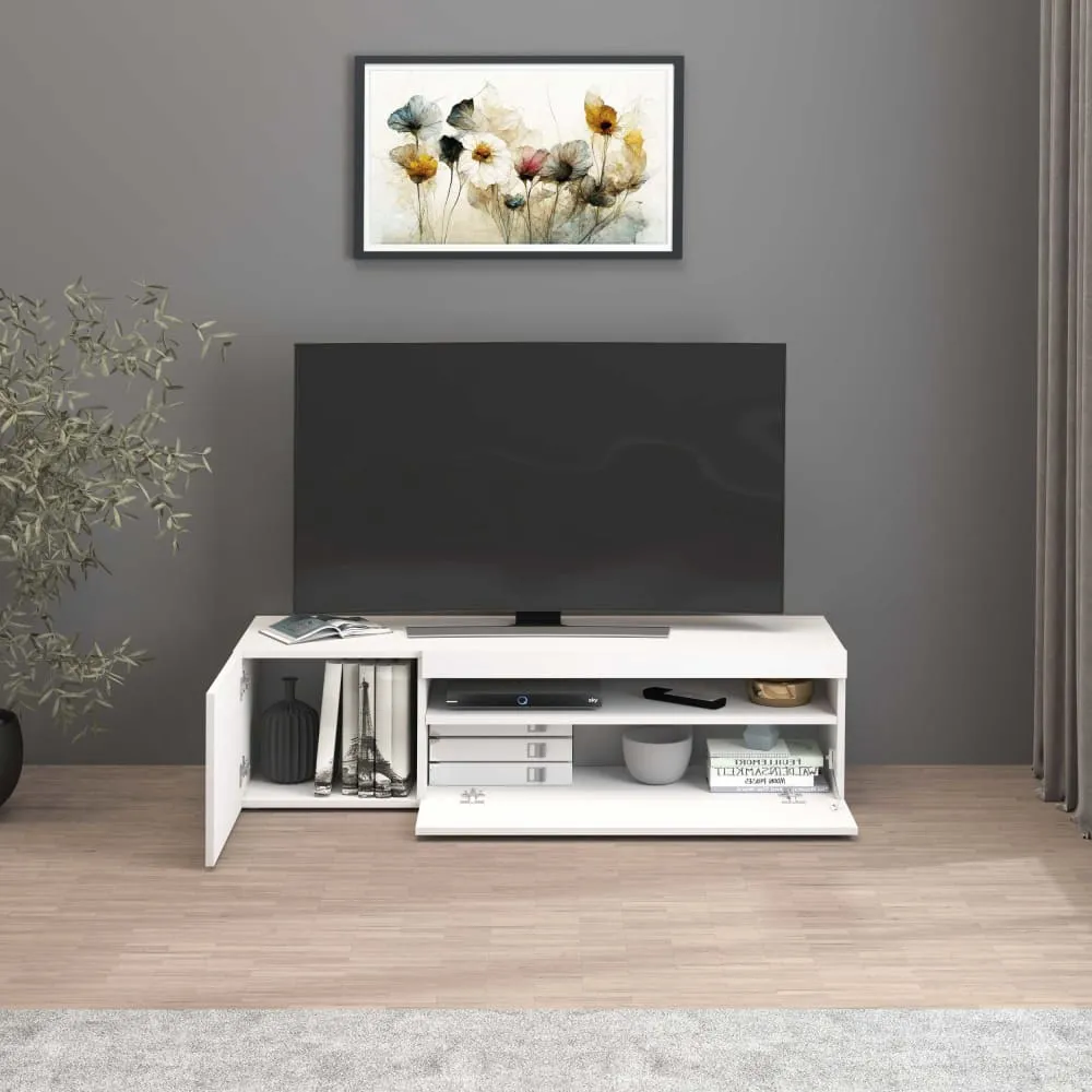 Illustration numéro 3 du produit Meuble tv 2 portes 130 cm effet bois blanc brillant