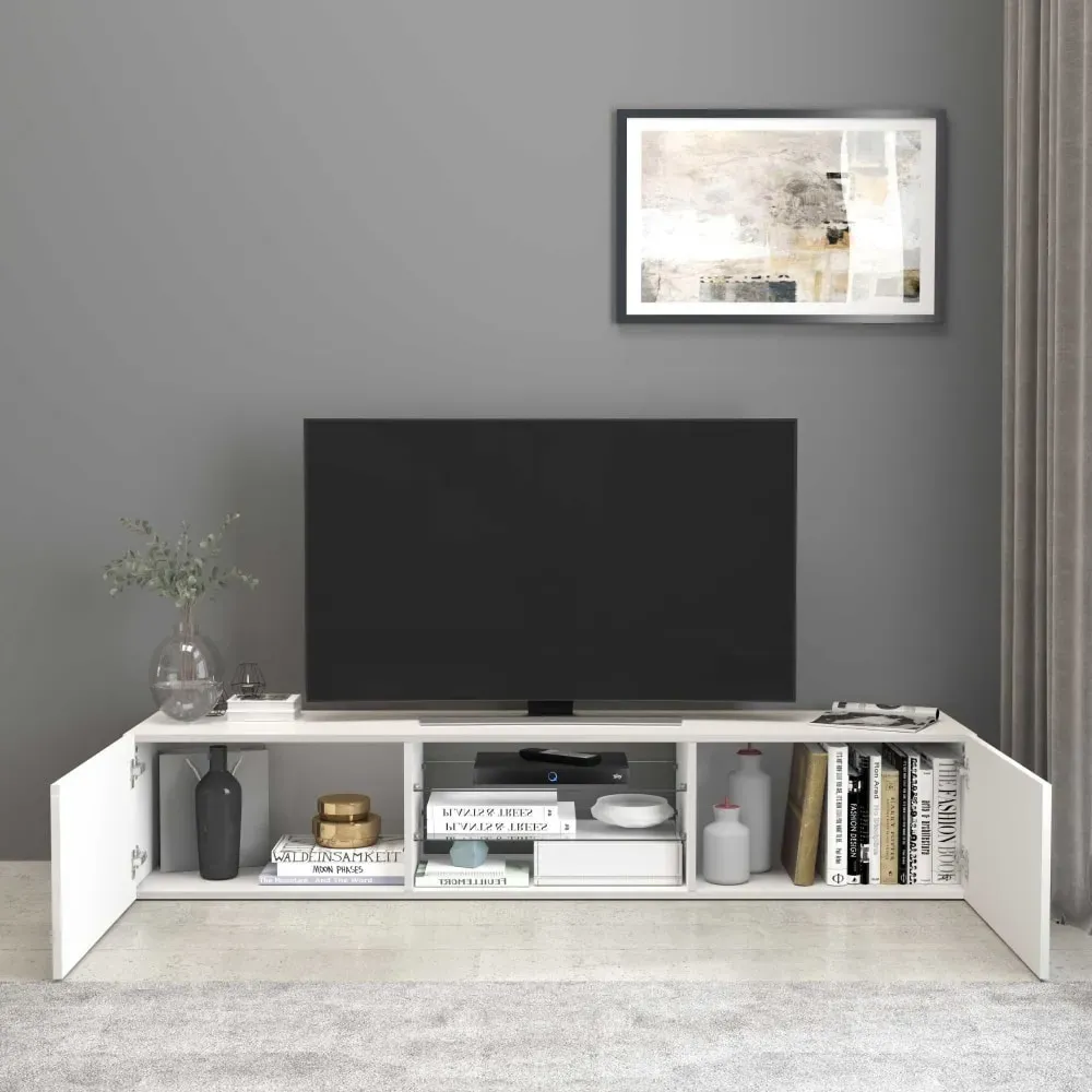 Illustration numéro 3 du produit Meuble tv 2 portes 2 etagères 180 cm effet bois blanc brillant