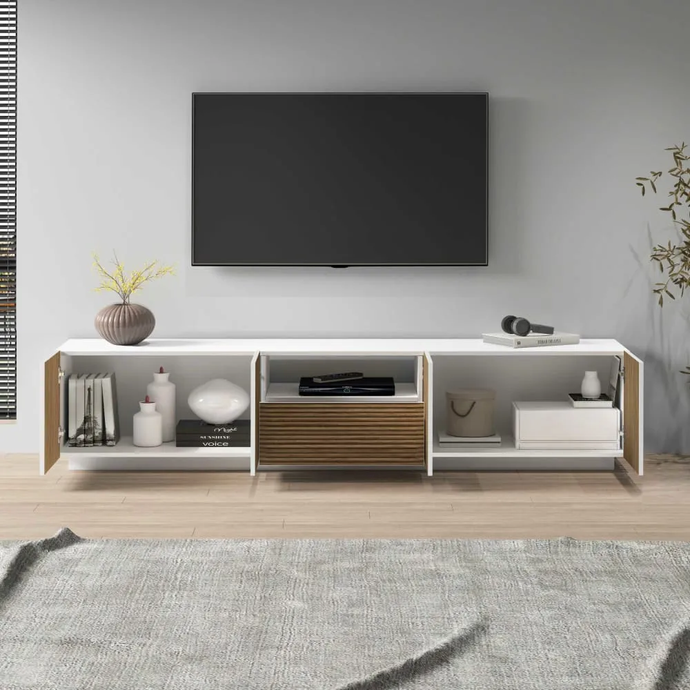Illustration numéro 3 du produit Meuble tv 4 portes 220,1 cm effet bois cannelé blanc/bois clair