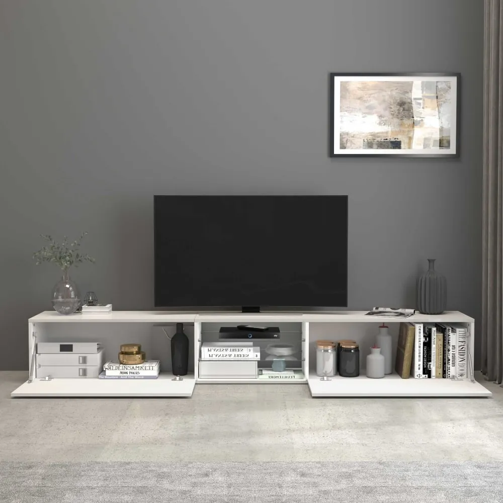 Illustration numéro 3 du produit Meuble tv 2 portes 2 etagères 240 cm effet bois blanc brillant