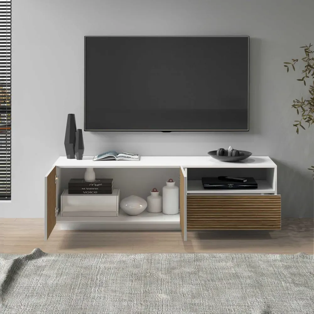 Illustration numéro 3 du produit Meuble tv 2 portes 150 cm effet bois cannelé blanc et bois clair