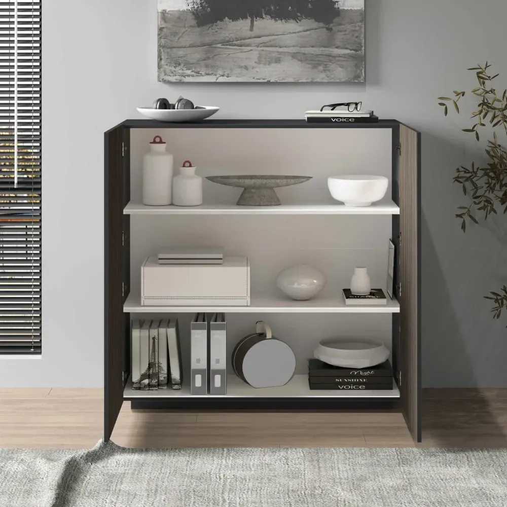 Illustration numéro 3 du produit Buffet 2 portes 120 cm effet bois cannelé anthracite mat et bois foncé