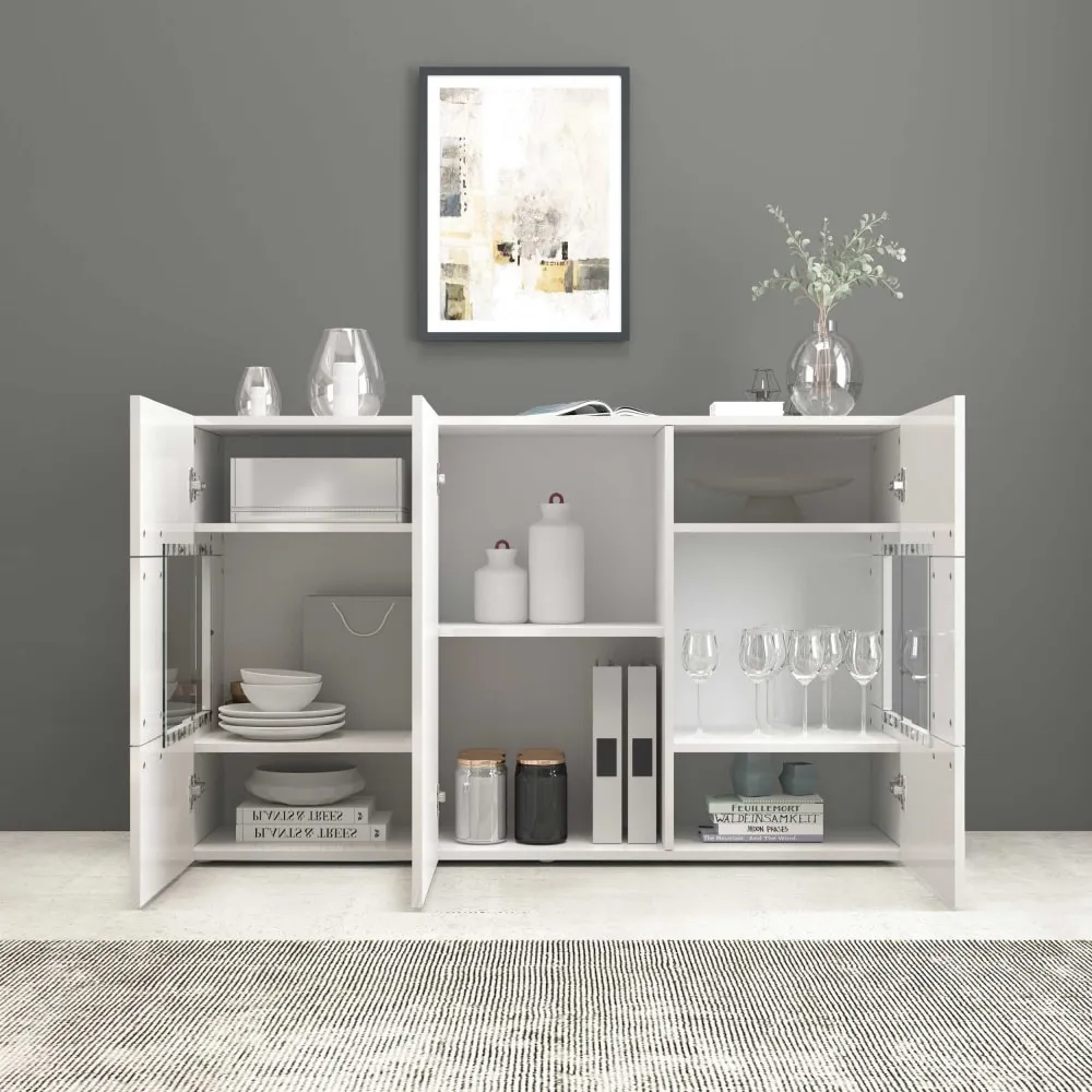 Illustration numéro 3 du produit Buffet vitrine 3 portes 135 cm effet bois blanc brillant
