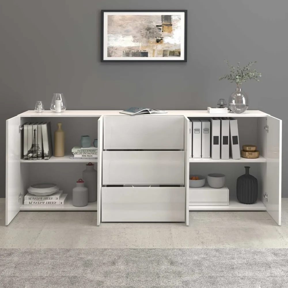 Illustration numéro 3 du produit Buffet 4 portes et 3 tiroirs 200 cm effet bois blanc brillant