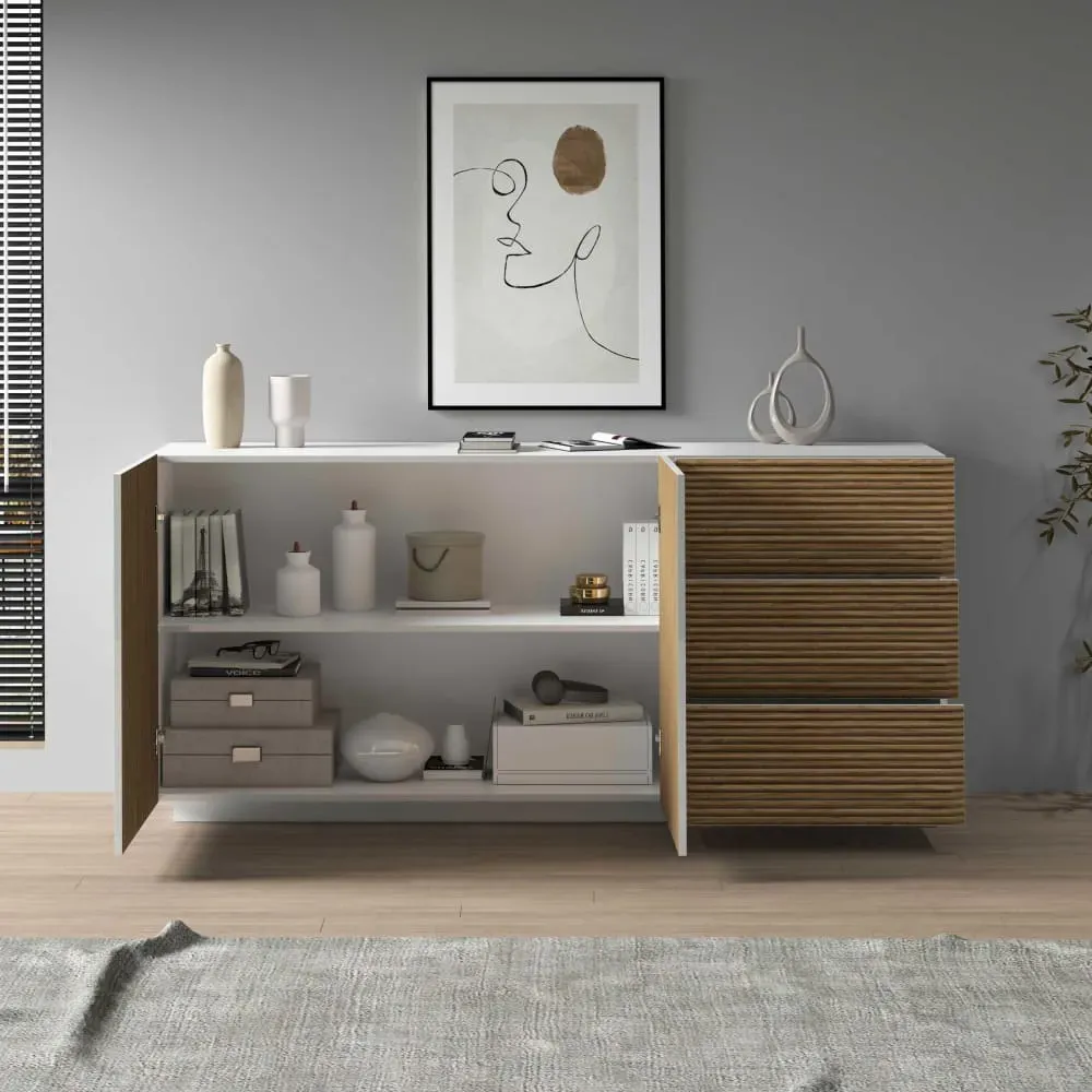 Illustration numéro 3 du produit Buffet 2 portes 180 cm effet bois cannelé blanc mat et bois clair
