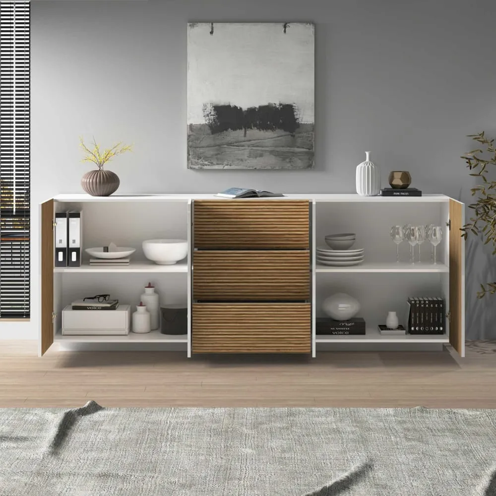 Illustration numéro 3 du produit Buffet 4 portes 220,1 cm effet bois cannelé blanc mat et bois clair