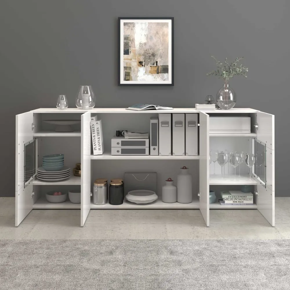 Illustration numéro 3 du produit Buffet vitrine 4 portes 180 cm effet bois blanc brillant