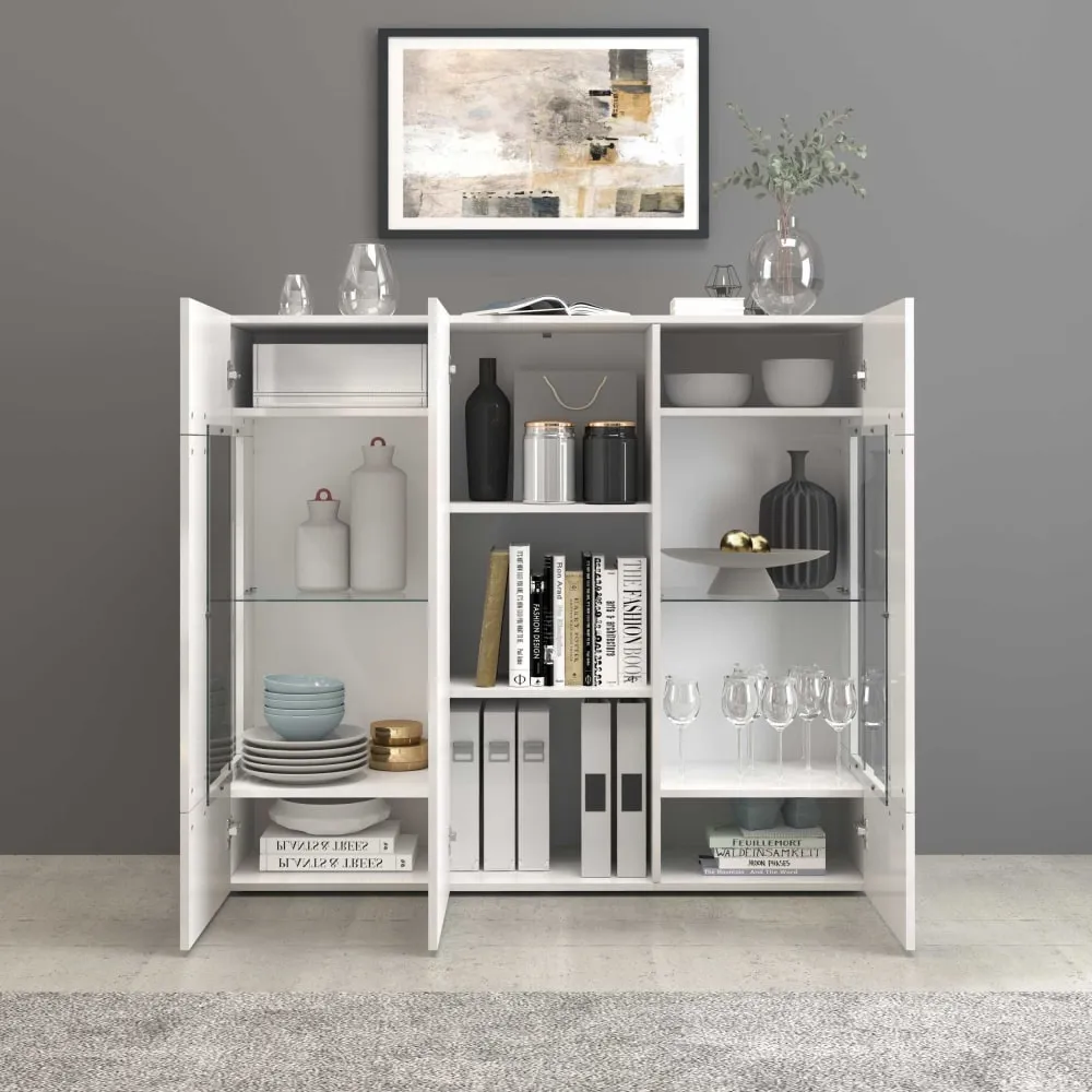 Illustration numéro 3 du produit Buffet vitrine 3 portes 135 cm effet bois blanc brillant