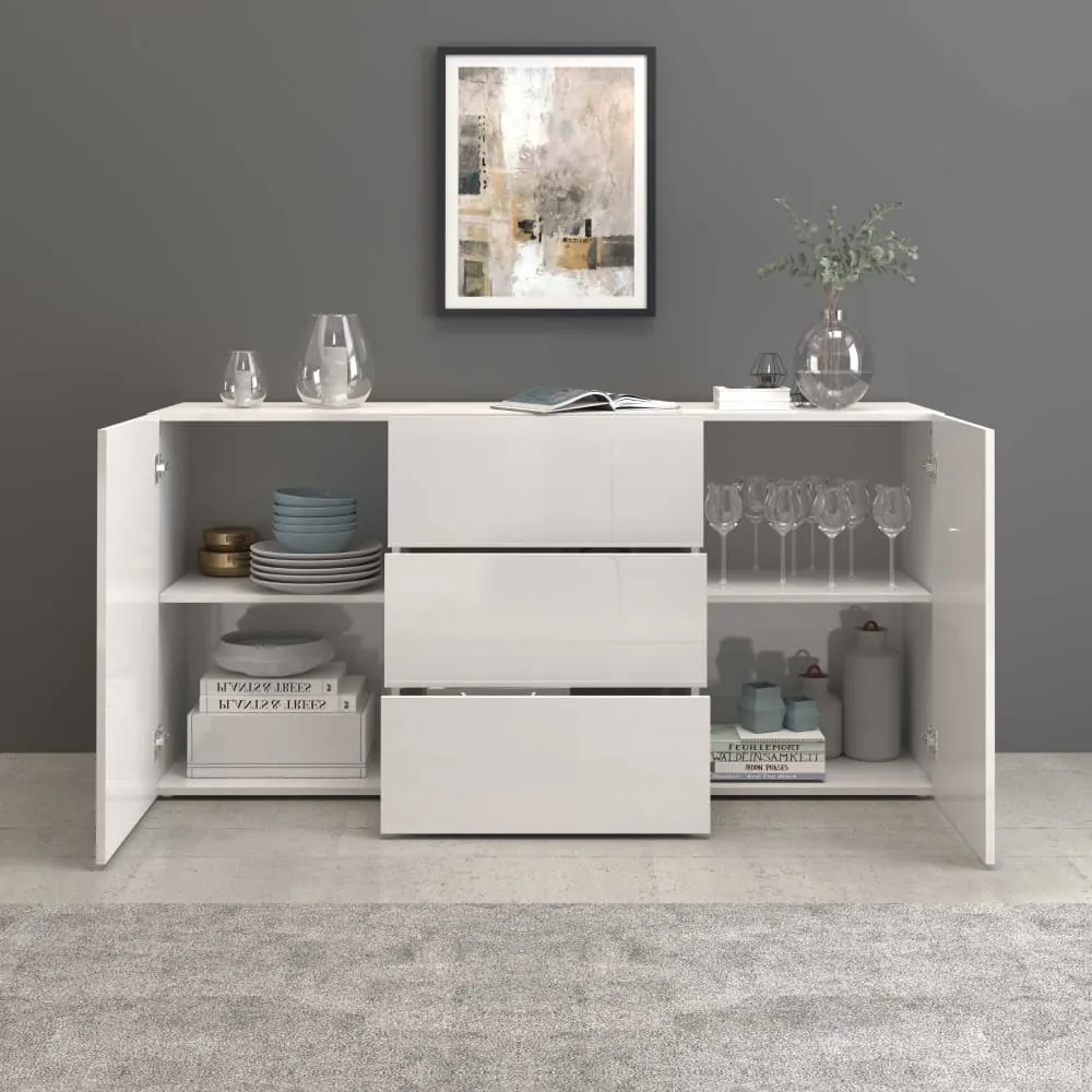Illustration numéro 3 du produit Buffet 2 portes 3 tiroirs 160 cm effet bois blanc brillant