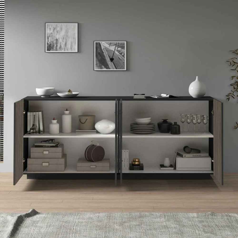Illustration numéro 3 du produit Buffet 4 portes 200 cm effet bois cannelé anthracite mat et bois foncé