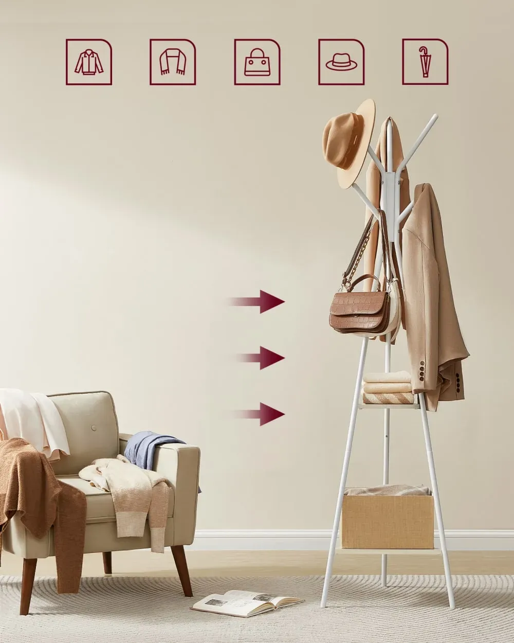 Illustration numéro 3 du produit Portemanteau sur pieds style industriel avec 2 étagères beige et blanc