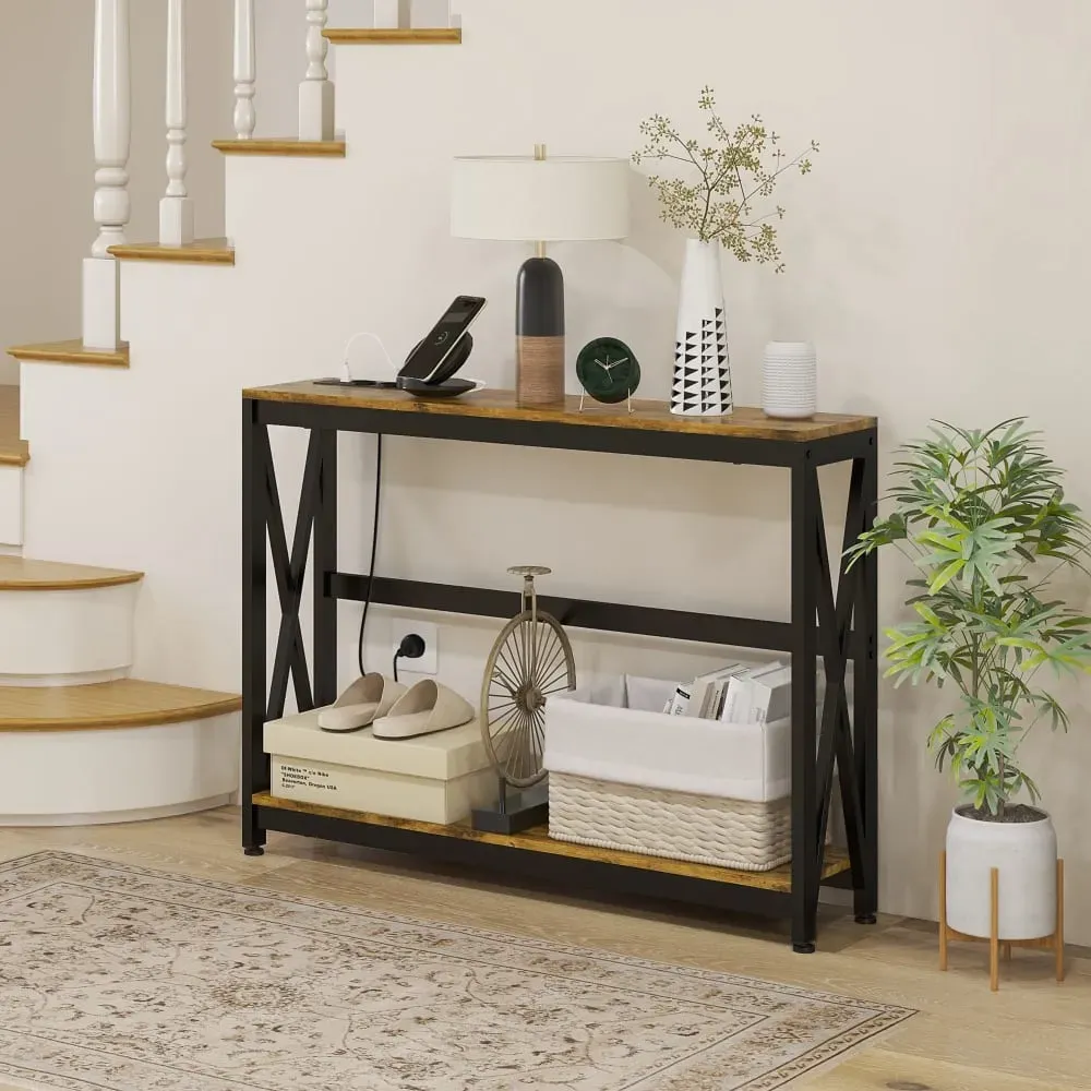 Illustration numéro 3 du produit Console meuble style industriel avec prises usb bois marron