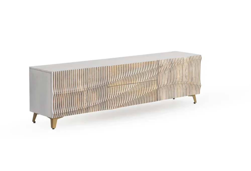 Illustration numéro 3 du produit Meuble TV 2 portes et 2 tiroirs patiné blanc en bois de manguier