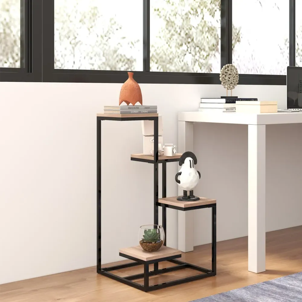 Illustration numéro 3 du produit Étagère à plantes 4 niveaux métal et bois style industriel