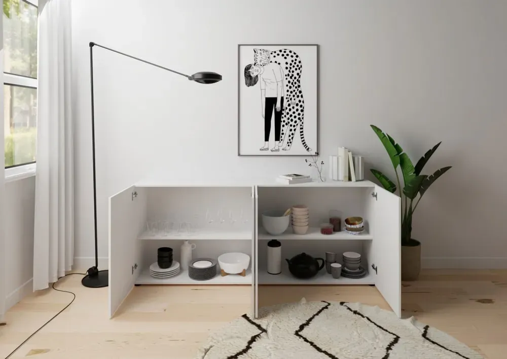 Illustration numéro 3 du produit Buffet 4 portes effet bois blanc brillant 200x40x83,5 cm