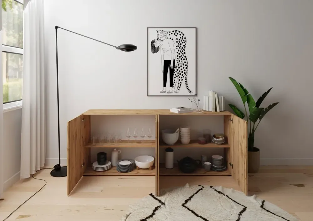 Illustration numéro 3 du produit Buffet 4 portes effet bois chêne nature 200x40x83,5 cm