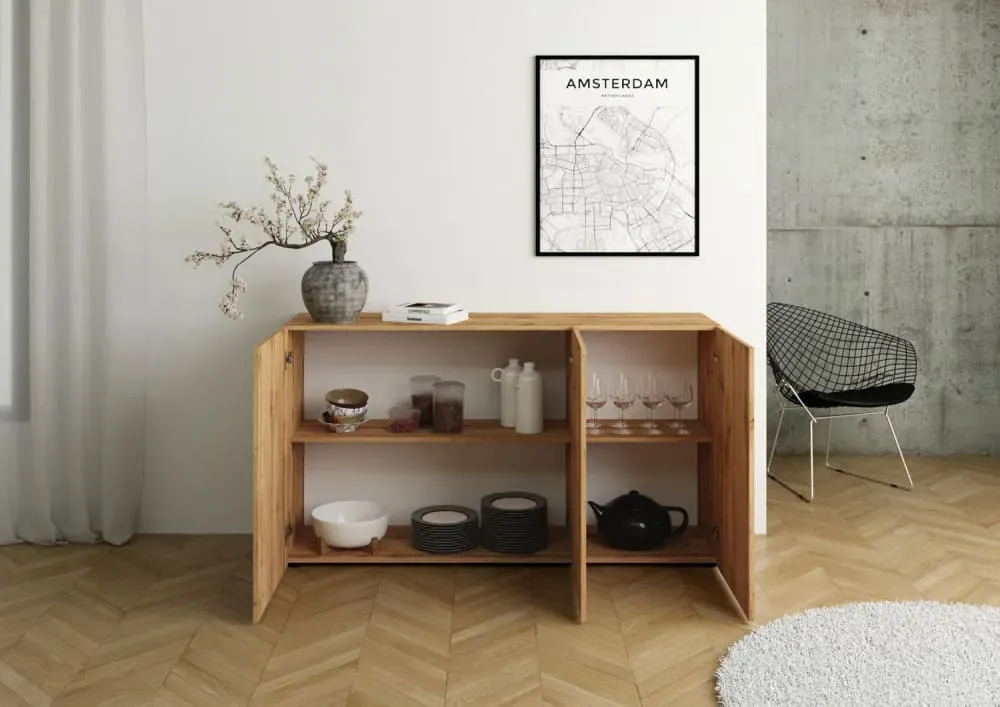 Illustration numéro 3 du produit Buffet 3 portes effet bois chêne nature 150x40x83,5 cm