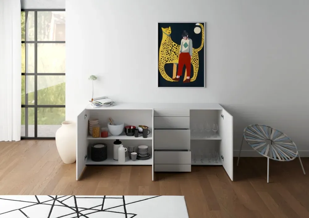 Illustration numéro 3 du produit Buffet 3 portes/3 tiroirs effet bois blanc brillant 200x40x83,5 cm