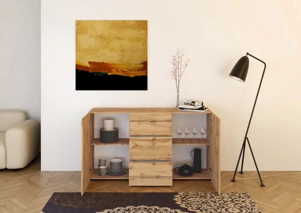 Illustration numéro 3 du produit Buffet 2 portes/3 tiroirs effet bois chêne nature 150x40x83,5 cm