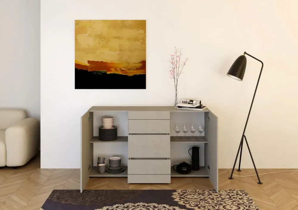 Illustration numéro 3 du produit Buffet 2 portes/3 tiroirs effet bois gris cachemire 150x40x83,5 cm