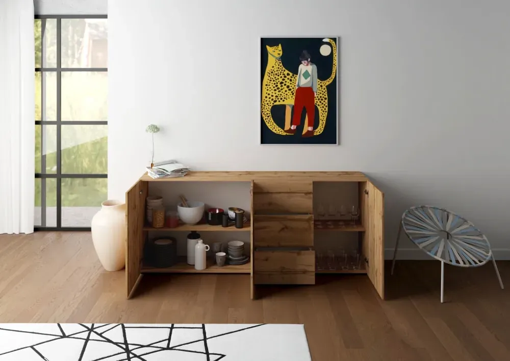 Illustration numéro 3 du produit Buffet 3 portes/3 tiroirs effet bois chêne nature 200x40x83,5 cm