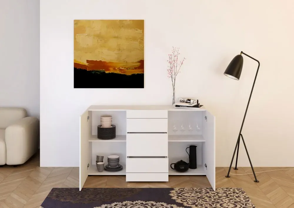 Illustration numéro 3 du produit Buffet 2 portes/3 tiroirs effet bois blanc brillant 150x40x83,5 cm